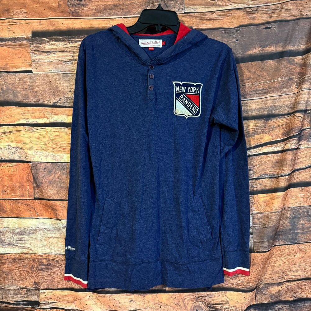 Mitchell & Ness Men's New York Rangers Blue Hooded Henley T-Shirt S Cotton